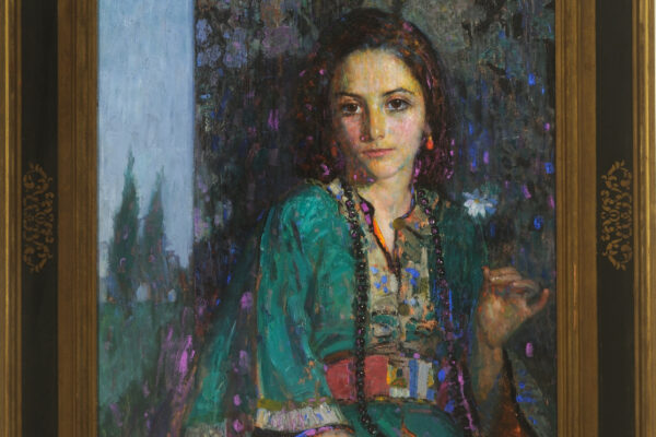 painting of a girl in traditional armenian dress holding a flower